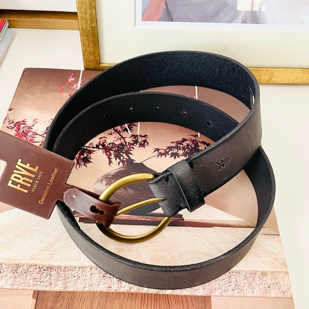 Frye Black Leather Belt with Gold Buckle